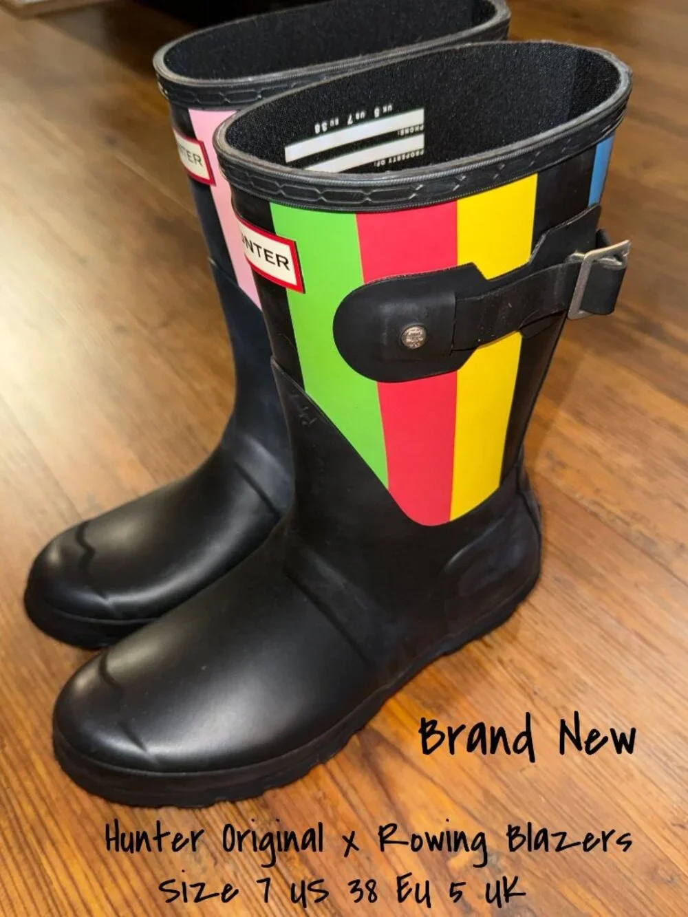 Hunter Women's Black Multi Striped Rain Boots - Size 7 US - New